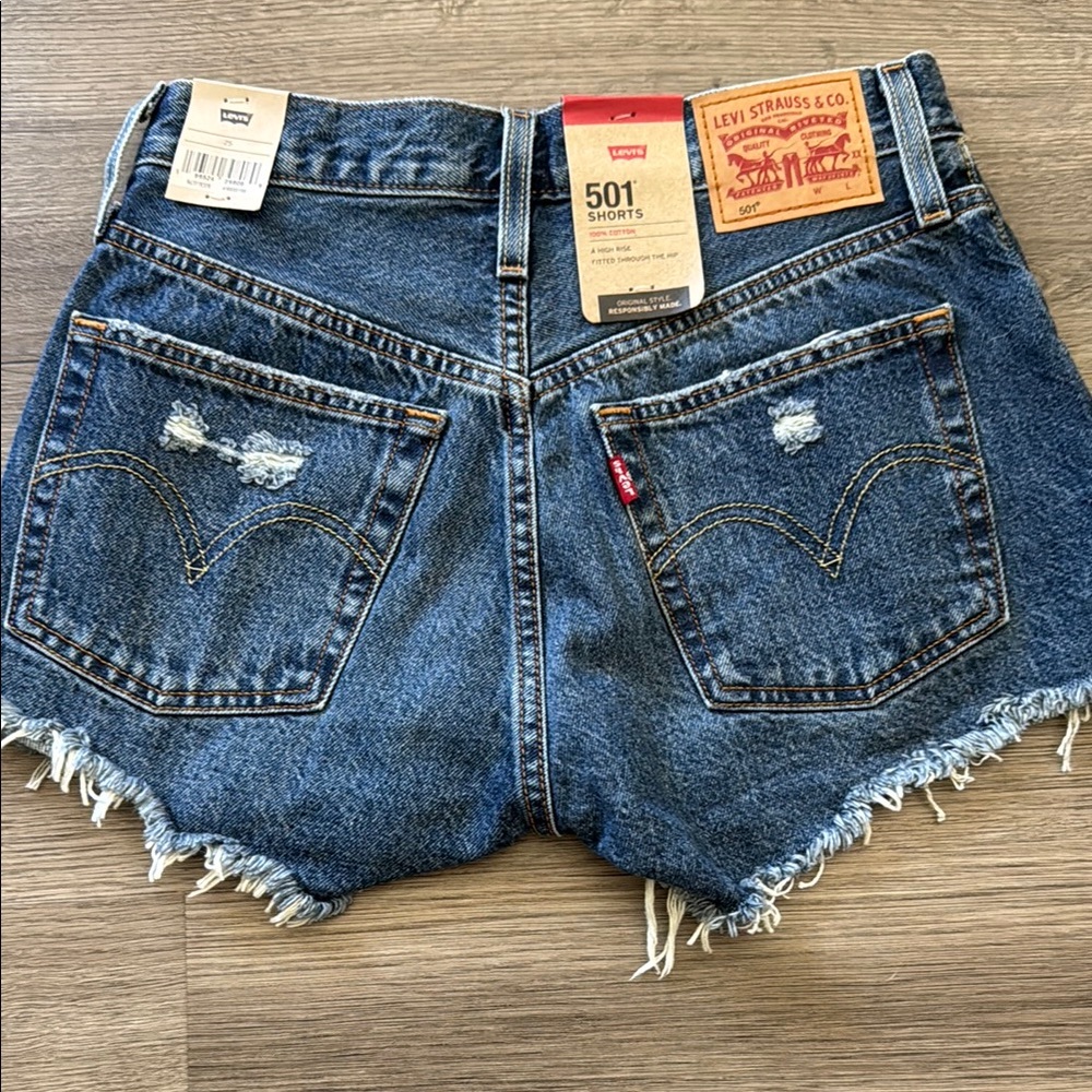 Levi's Blue Jean Shorts with Frayed Hem and Distressed Details